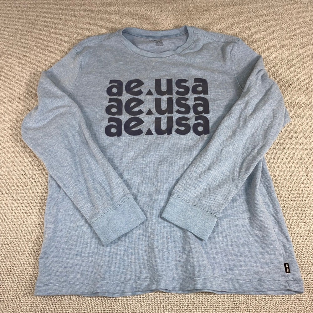 American Eagle Thermal Shirt Womens XL Blue Graphic Long Sleeve Waffle Knit Top